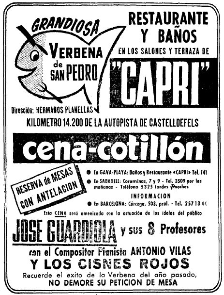 Anuncio de la Verbena de San Pedro del restaurante-balneario Capri de Gav Mar con la actuacin de Josep Guardiola publicado en el diario La Vanguardia el 26 de Junio de 1965